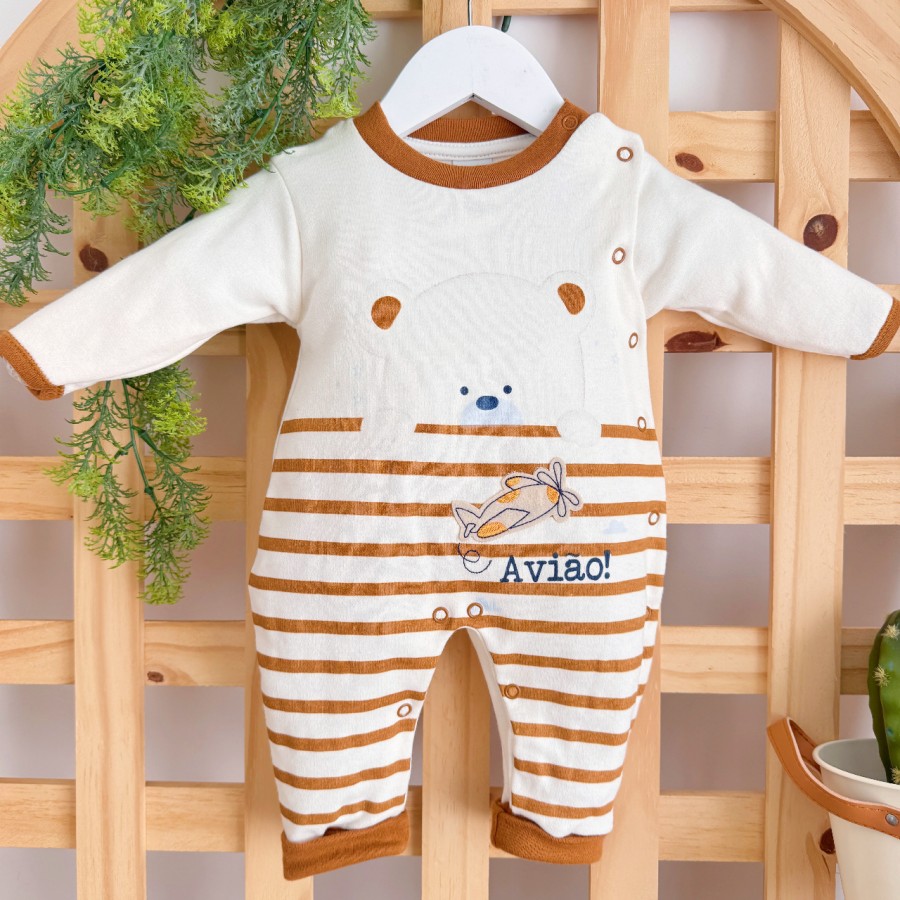 Macacão Trape Zape- Avião e Ursinho - Off White e Ferrugem